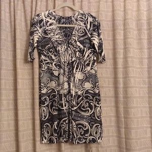 Silky dress with navy/white filagree patterning